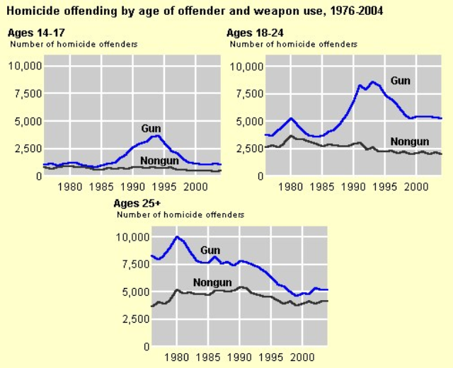 Diagramm, das die Homicid-Offending-Rate nach Alter des Täters und Waffengebrauch von 1976 bis 2004 zeigt, mit begleitendem erklärendem Text.