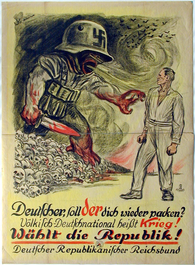 Ein Nazi-Propagandaplakat mit einem Mann in einem Helm und einer Frau in einem weißen Kleid vor einem Haufen von Schädeln, mit begleitendem Text.