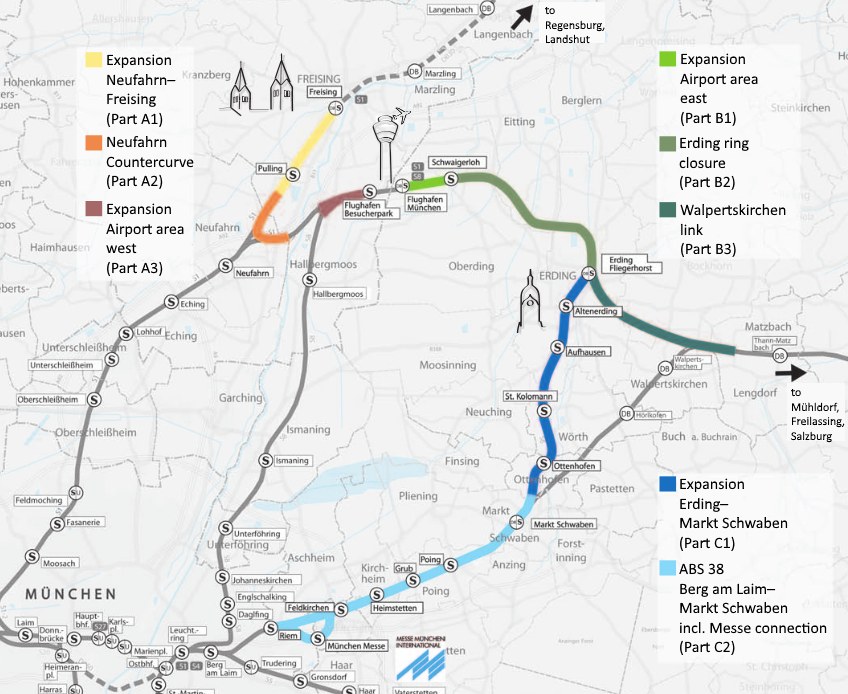 Eine detaillierte Stadtkarte, die eine hervorgehobene Zugroute von München nach Frankfurt mit Haltestellen und Umgebung zeigt, einschließlich Zuglänge, Entfernung und Sehenswürdigkeiten.