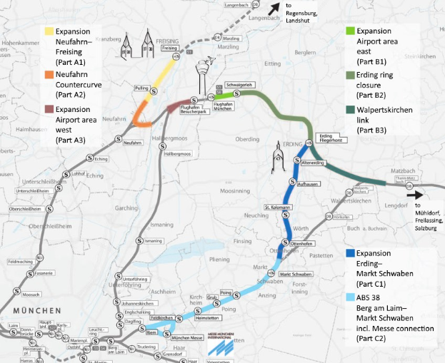 Eine detaillierte Stadtkarte, die eine hervorgehobene Zugroute von München nach Frankfurt mit Haltestellen und Umgebung zeigt, einschließlich Zuglänge, Entfernung und Sehenswürdigkeiten.