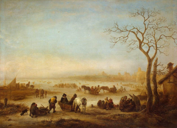 Winterlandschaftsbild mit dem Titel "Die Eiszeit" von Johannes Vermeer, das eine Gruppe von Menschen auf einem zugefrorenen See umgeben von schneebedeckten Bäumen, Häusern und Gegenständen unter einem bewölkten Himmel zeigt.