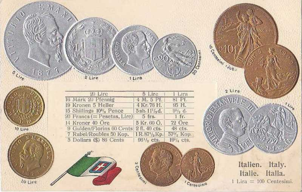 Ein Blatt Papier mit einer Reihe italienischer Münzen von 1877–1910, darunter mehrere 20-Lire-Stücke, mit Text und Porträts und zwei Flaggen unten, darunter die italienische Flagge.