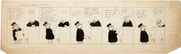 Cartoon eines Mannes mit Zylinder und einer Frau in einem Kleid, die in einer Diskussion sind, wobei der Mann ein Blatt Papier hält.