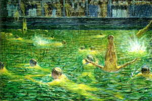 Ein Gemälde namens "Das Schwimmbad" von KÜNSTLER, das eine Gruppe von Menschen zeigt, die fröhlich in einem Gewässer schwimmen, mit einem Gebäude im Hintergrund.