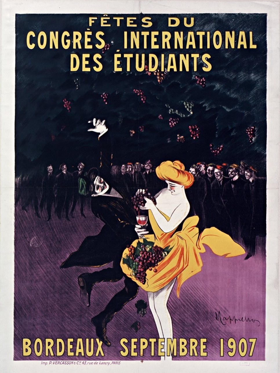 Plakat aus dem Jahr 1907 für eine Weinprobe in Bordeaux, Frankreich, mit einer Frau in gelbem Kleid, die ein Weinglas hält und von einer Gruppe Menschen umgeben ist.