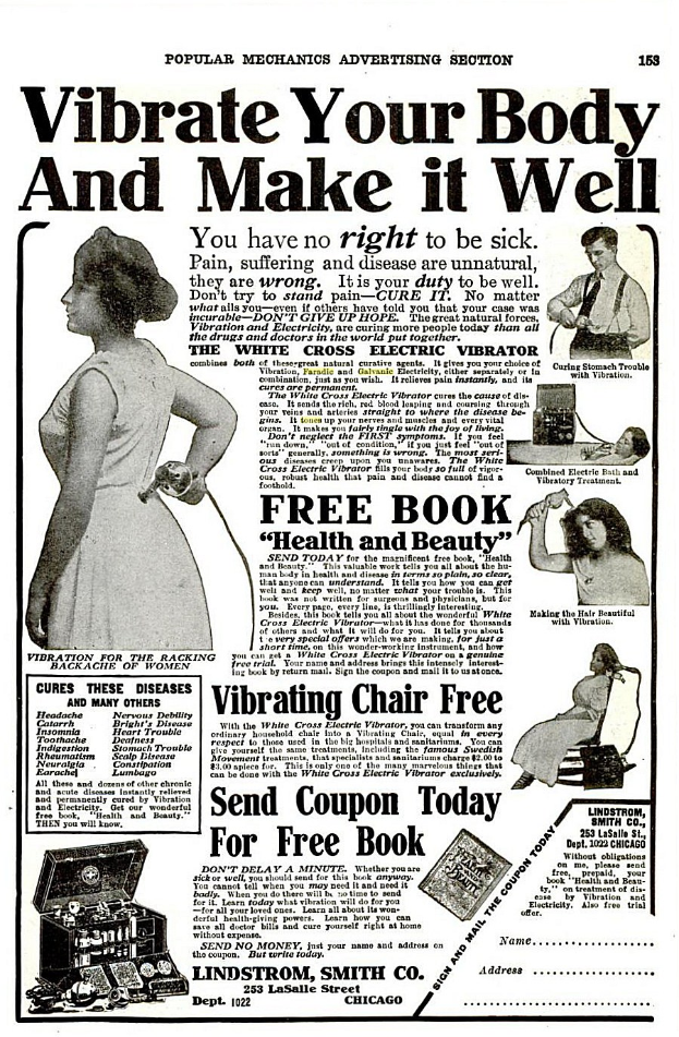 Ein Werbeplakat mit einer Frau in einem weißen Kleid mit einem gemusterten Schultertuch, die Arme verschränkt und den Kopf hoch erhoben, mit fetter schwarzer Schrift, die lautet: 'Mach deinen Körper zum Vibrieren und bringe ihn in Form.'