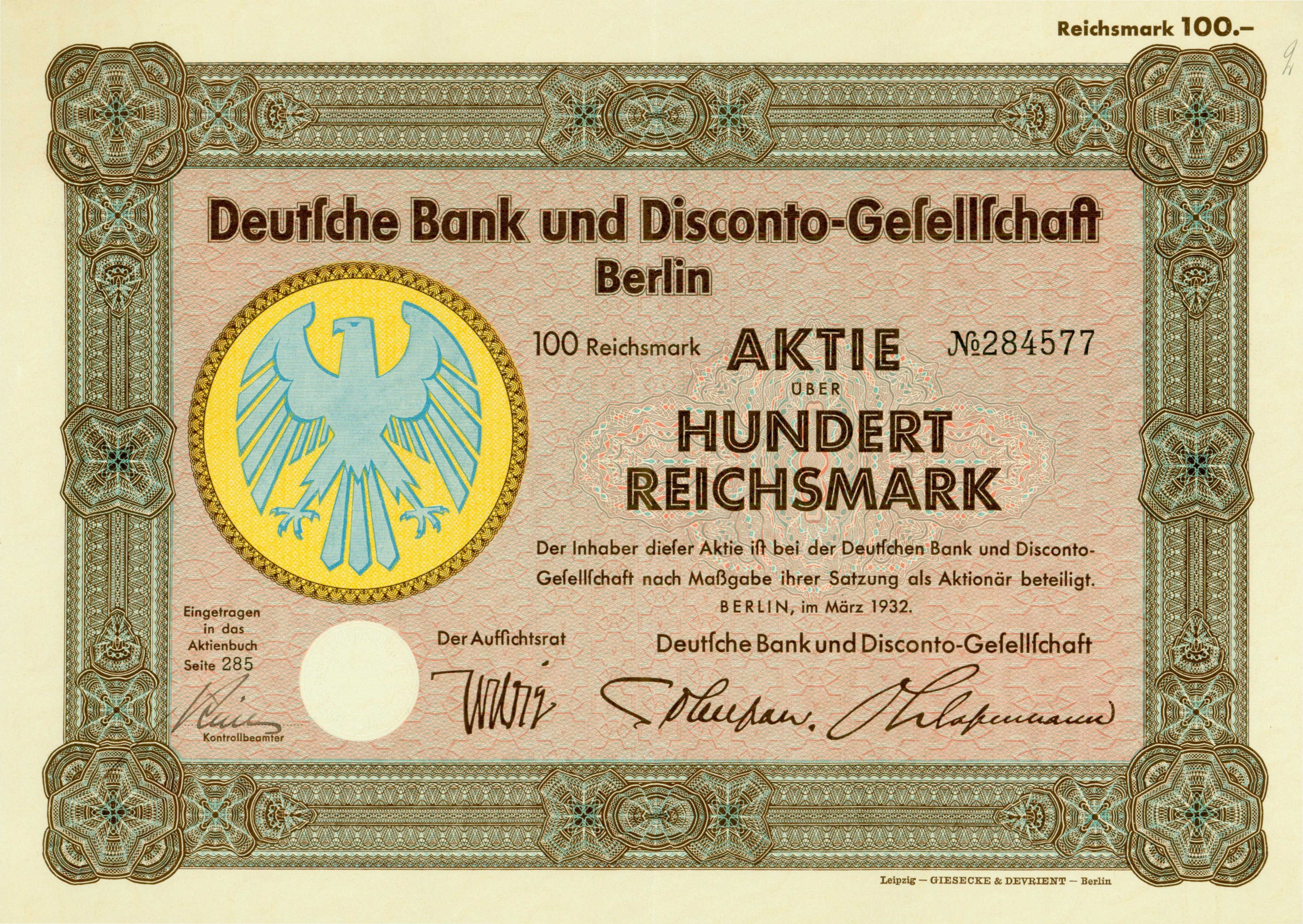 Alte deutsche Banknote mit einer Vogeldarstellung und der Aufschrift "Deutsche Bank und Disconto-Gefellichaft Berlin".