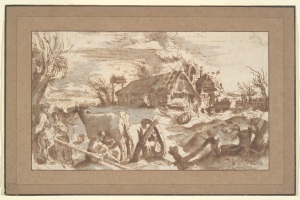 Eine Zeichnung einer Bauernszene mit einem Mann und einer Frau im Vordergrund, umgeben von Tieren, einem Wagen, Häusern, Bäumen und einem Himmel im Hintergrund.