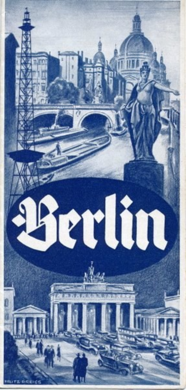 Plakat, das Berlin, Deutschland, bewirbt und eine Statue, Gebäude, einen Turm, Menschen, Fahrzeuge auf der Straße und eine Brücke zeigt, sowie Text, der Informationen über die Stadt enthält.