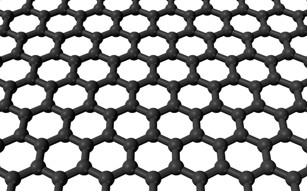 Ein 3D-Modell einer Kohlenstoffnanoröhre, das eine gitterartige Struktur aus hexagonalen Zellen zeigt, die symmetrisch angeordnet sind, wobei Kohlenstoffatome durch das Gitter sichtbar sind.