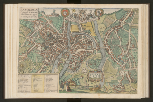 Ein altes Buch mit einer detaillierten Karte von Bamberg, Deutschland, mit Straßen, Gebäuden und Sehenswürdigkeiten beschriftet.