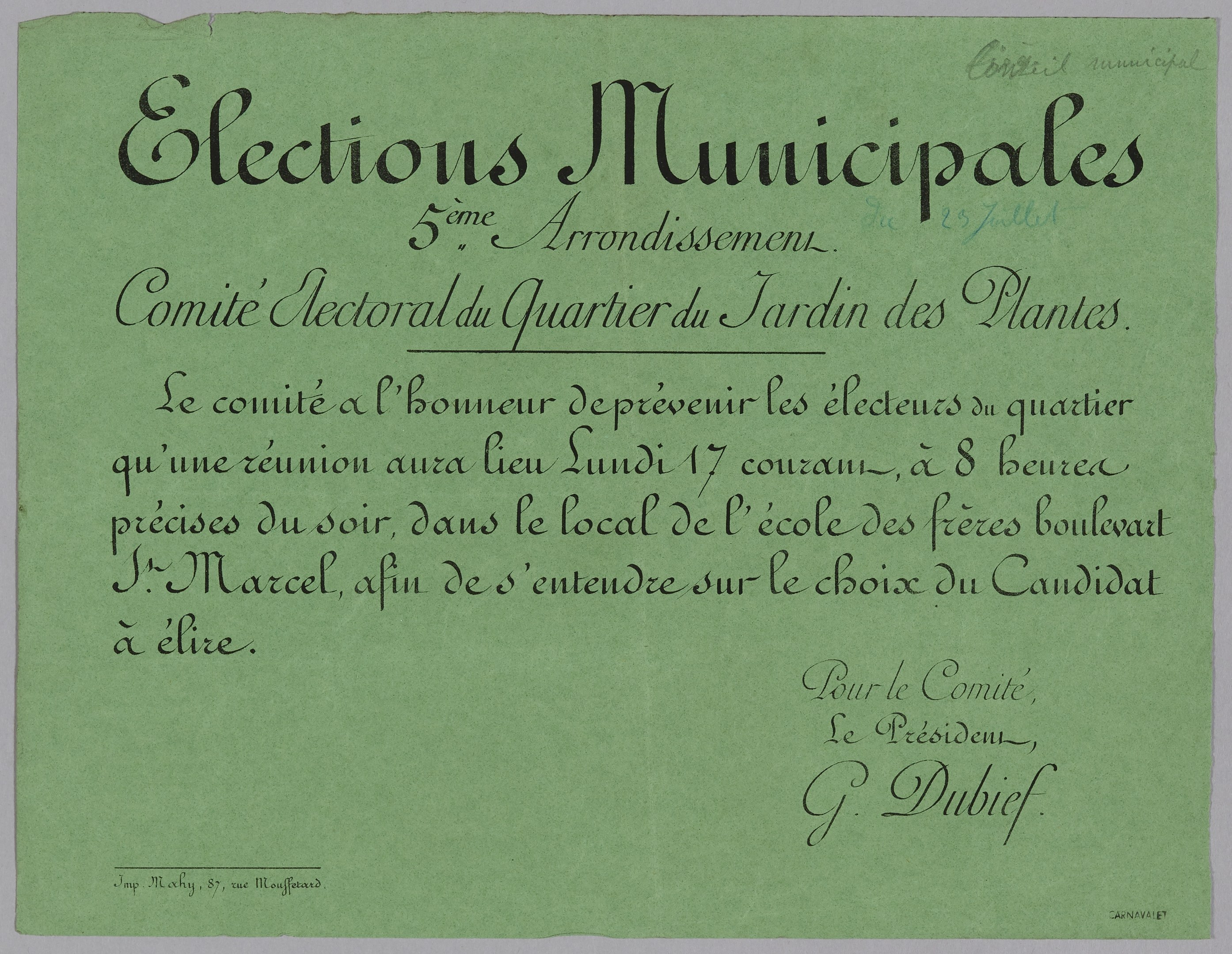 Ein grünes Blatt mit der Aufschrift "Municipales".
