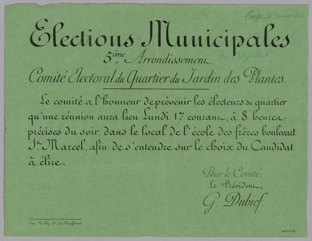 Ein grünes Blatt mit der Aufschrift "Municipales".