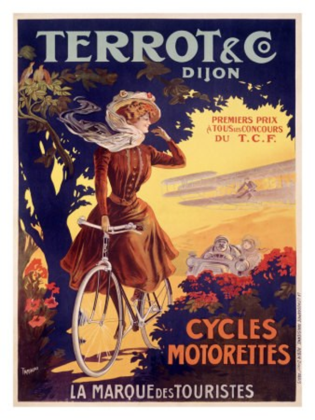 Ein Plakat, das eine Fahrradtour in Frankreich ankündigt und eine Frau zeigt, die ein Fahrrad durch eine Landschaft voller Bäume, Blumen und anderer Menschen fährt, mit Text, der die Tour beschreibt.