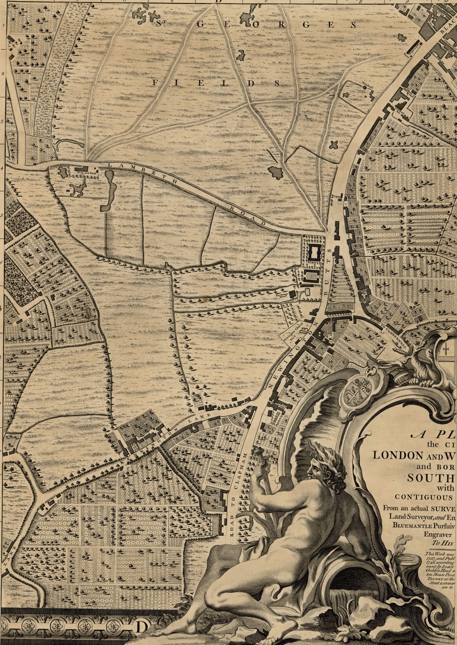 Ein detailliertes London- und Umgebungs-Kartenposter mit einer zentralen Skulptur einer Person.