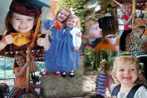 Ein Collage-Bild mit Vergnügungsparks, einem Tisch mit Essensgegenständen, darunter ein Becher und ein Löffel, verschiedenen Gegenständen, Lichtern, einer Wand, Büschen, Bäumen, Gras, einem Seil und einem Hut.