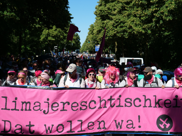 Eine Gruppe von Menschen marschiert die Straße entlang, hölt eine pinkfarbene Banner mit der Aufschrift "Women's March in Berlin", wobei einige Mötze und Schutzbrillen tragen und andere Fahnen tragen.