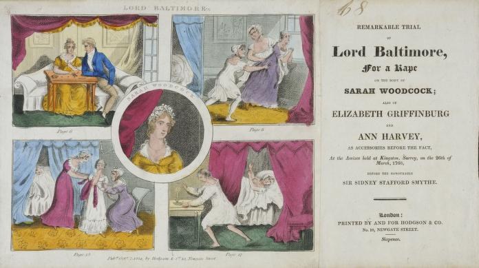 Eine historische Prozessdokument-Illustration, die ein Blatt Papier mit Porträts, Vorhängen und Text zeigt, der sich auf den Prozess von Lord Baltimore bezieht.