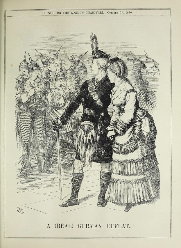 Zwei Personen stehen vor einer Menge, eine hält einen Stock, auf einem Blatt Papier mit Text und Zahlen, die eine deutsche Niederlage anzeigen.