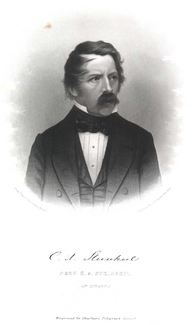 Ein Schwarz-Weiß-Zeichnung eines Mannes im Smoking, identifiziert als C.A. Steinheim, der Gründer von München, Deutschland, mit dem Text "C.A." unten.