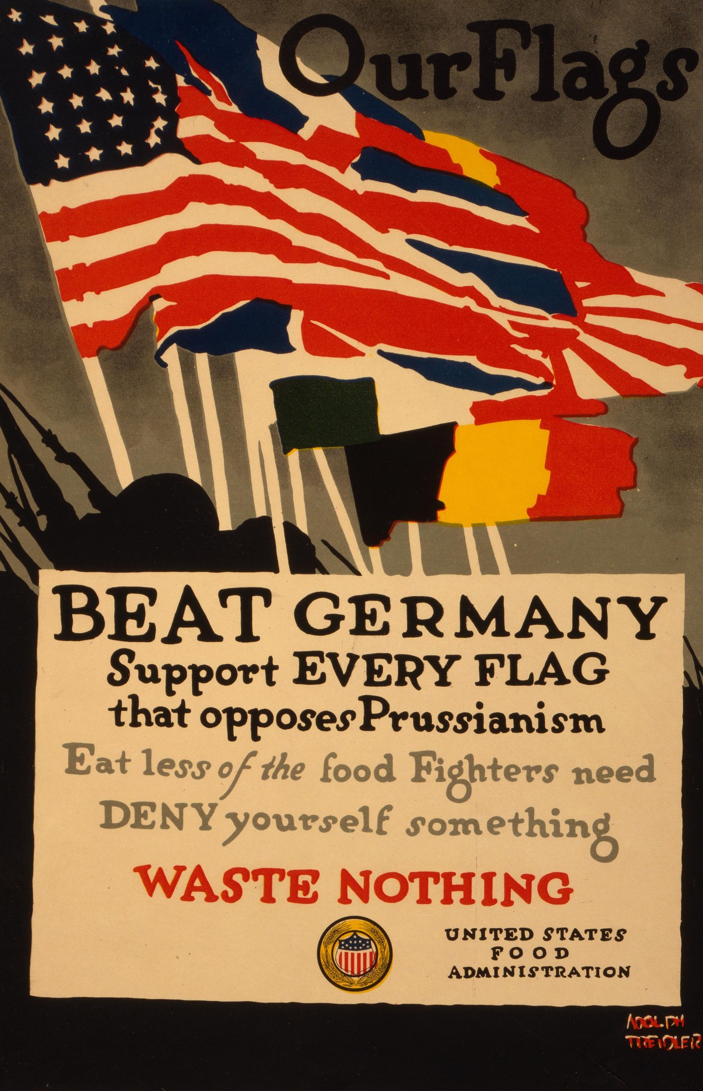 Plakat mit einer roten, weißen und blauen Flagge mit einem weißen Stern, fetter schwarzer Schrift, die "Unsere Flaggen schlagen Deutschland - Unterstützt jede Flagge, die gegen Preußentum kämpft" lautet, und einem weißen Rand.