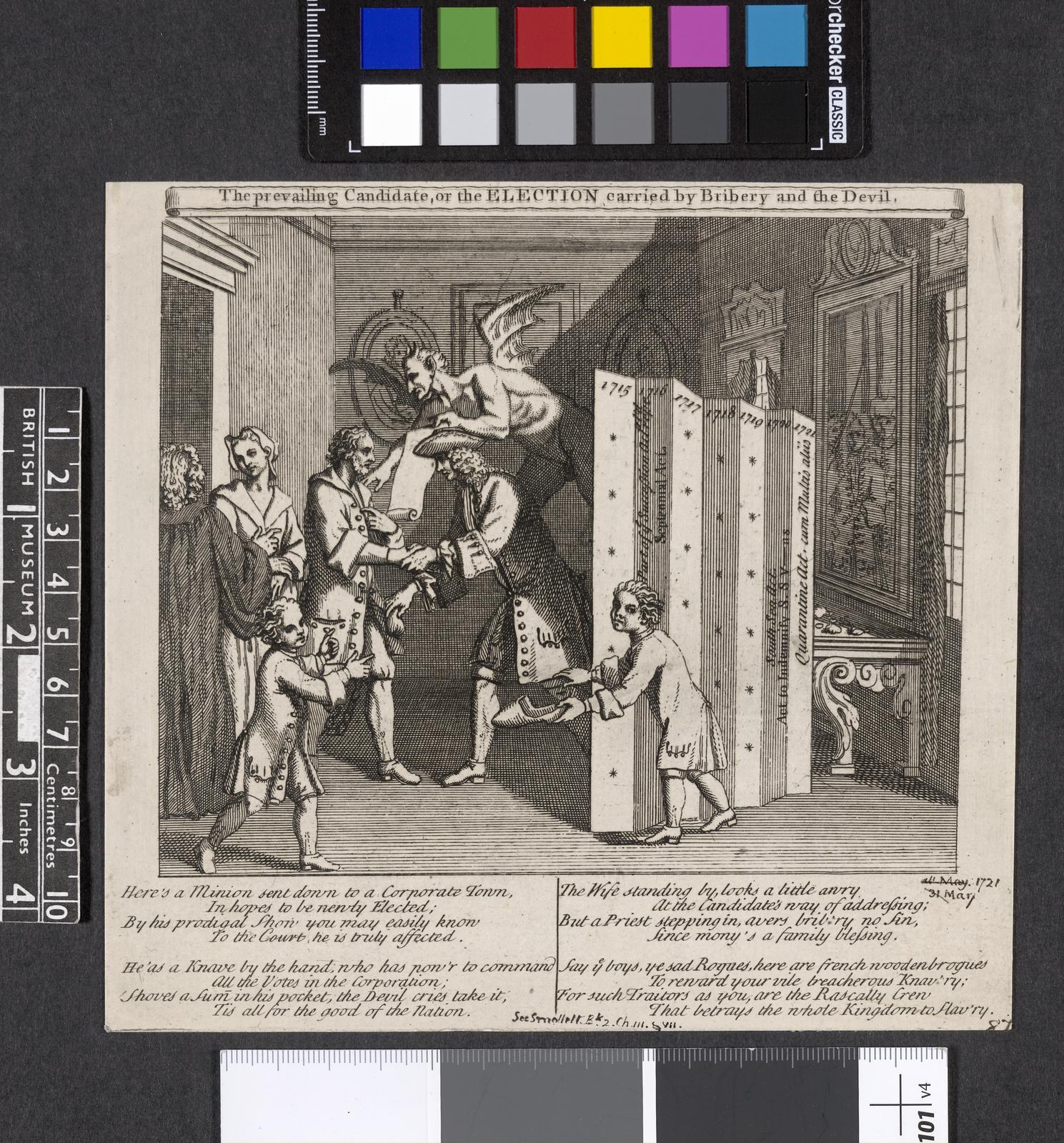 Schwarz-weißer Stich von Menschen in einem Raum, die einen Text und Farboptionen auf einem Papier untersuchen, symbolisiert Wahlkorruption.