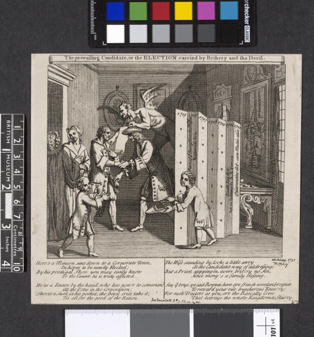 Schwarz-weißer Stich von Menschen in einem Raum, die einen Text und Farboptionen auf einem Papier untersuchen, symbolisiert Wahlkorruption.