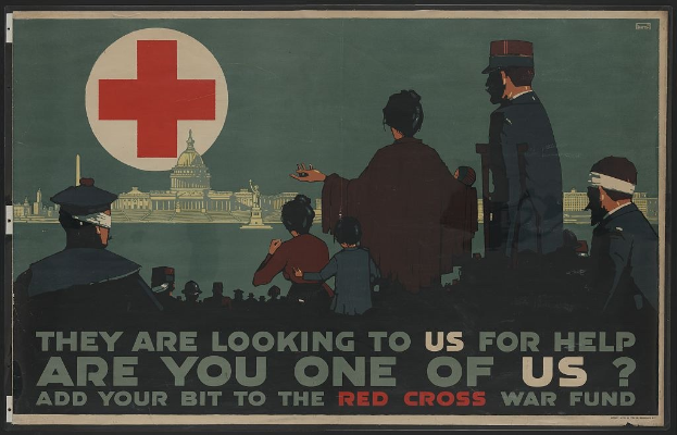 Plakat mit Menschen vor einem Gebäude mit einem roten Kreuz, auf dem steht: "Sie brauchen unsere Hilfe, bist du einer von uns? Trage deinen Teil zum Roten Kreuz-Kriegsfonds bei."