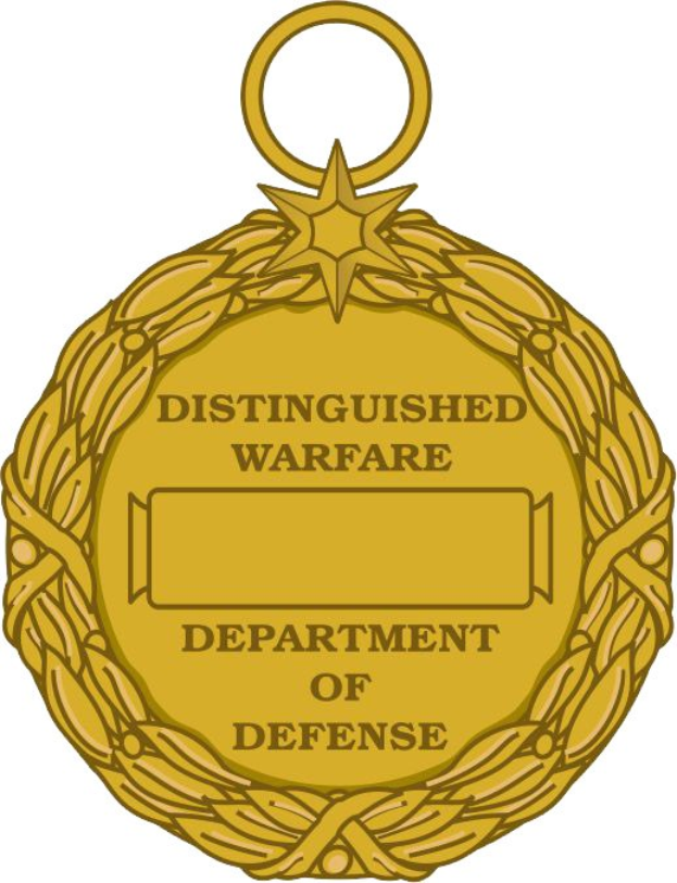 Goldmedaille mit dem Text "Verdienstvolle Kriegsabteilung des Verteidigungsministeriums" auf einem weißen Hintergrund.