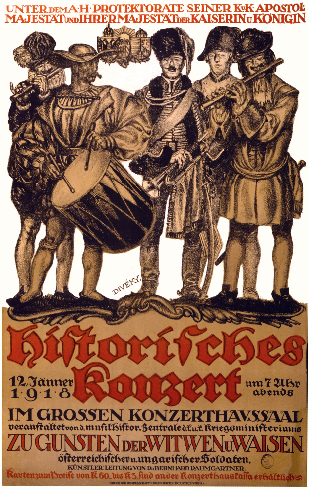 Konzertplakat mit einer Gruppe von Männern in bunten Kleidern, die Trommeln, Trompeten und Gitarren spielen, mit Text zur Beschreibung des Ereignisses.