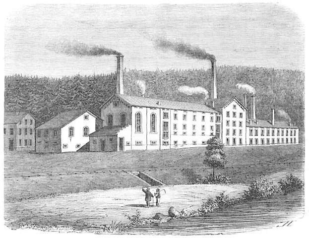 Schwarz-weiß-Etching einer Fabrik mit rauchenden Schornsteinen, umgeben von Grünfläche und Menschen, beschriftet mit "New York State Penitentiary" unten.