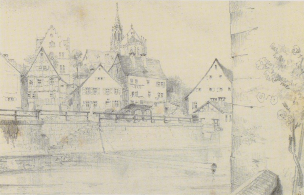 Ein Bleistiftbild einer Stadtansicht namens "Nürnberg, Deutschland" von Joseph Mallord William Turner, das Gebäude, Bäume und eine Brücke an einem Fluss zeigt.