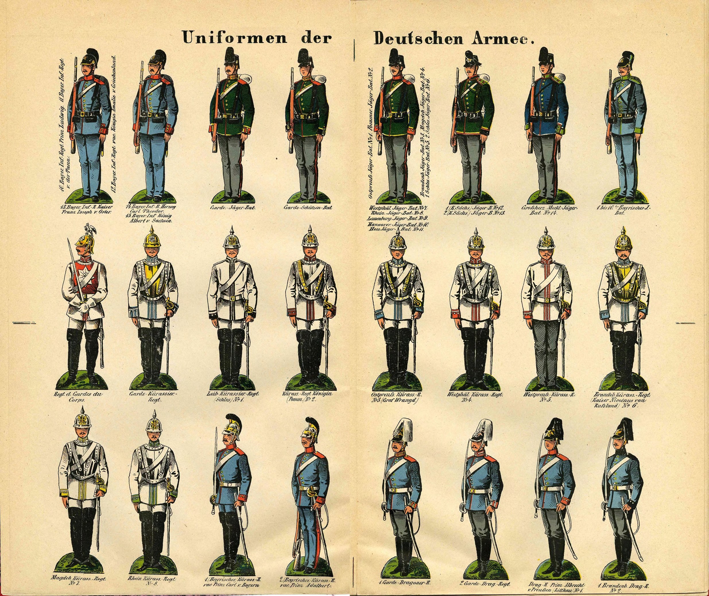 Ein Buch mit bunten deutschen Armee-Militäruniformen mit detaillierten Elementen wie Helmen, Gewehren und anderen Waffen.