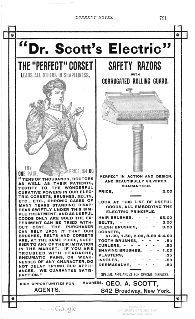 Das Gesicht einer Frau neben Textwerbung für Dr. Scotts Elektrische Rasierer.