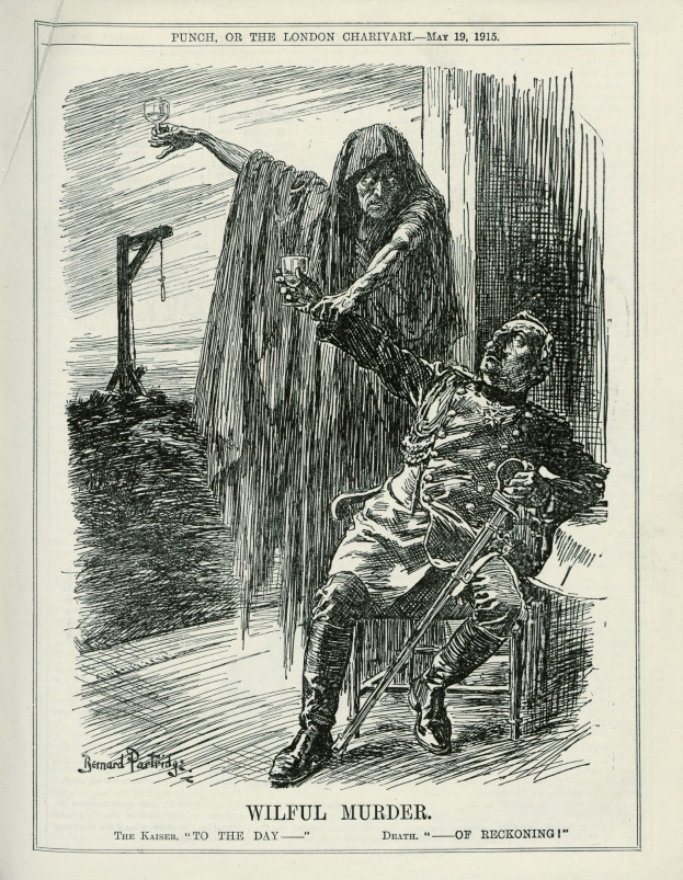 Ein Mann sitzt in einem Stuhl und hält ein Schwert, während eine andere Person hinter ihm steht und ein Glas hält; der Text unten lautet «Absichtlicher Mord - Der Kaiser zum Tag des Jüngsten Gerichts».