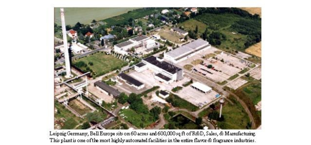 Luftbild einer großen Industrieanlage in Leipzig, Deutschland, beschriftet mit "Bell Europe", mit Gebäuden, Bäumen, Straßen und anderer Infrastruktur.