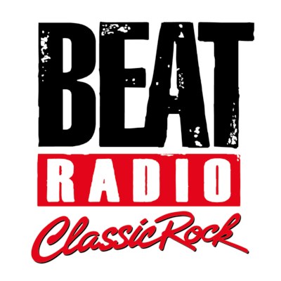 Plakat mit 'Beat Radio Classic Rock' in fetter schwarzer Schrift auf weißem Hintergrund, eingerahmt von einem hellgelben Rand und einem schwarzen äußeren Rand.