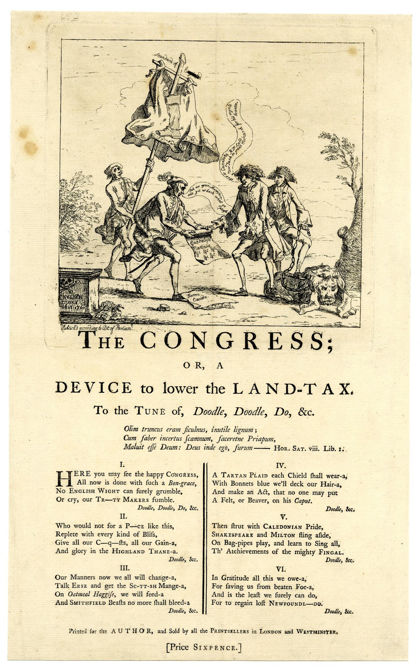 Ein Blatt Papier mit einer Zeichnung einer vielfältigen Gruppe von Menschen in traditioneller Kleidung und dem Text "Der Kongress oder, Gerät zur Senkung der Grundsteuer" in fetter Schrift mit einem dekorativen Rahmen.