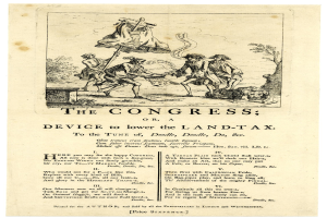 Ein Blatt Papier mit einer Zeichnung einer vielfältigen Gruppe von Menschen in traditioneller Kleidung und dem Text "Der Kongress oder, Gerät zur Senkung der Grundsteuer" in fetter Schrift mit einem dekorativen Rahmen.