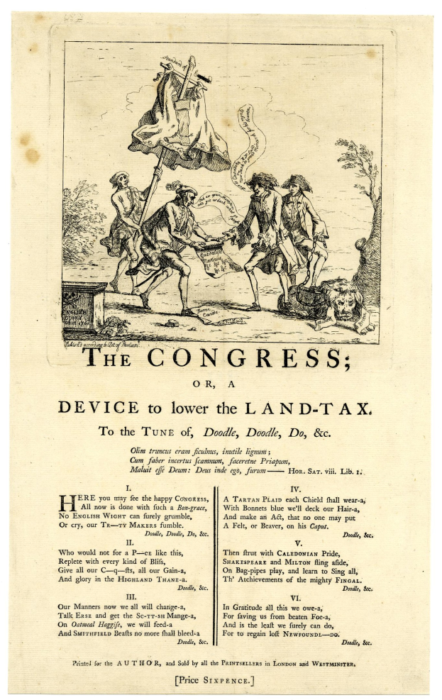 Ein Blatt Papier mit einer Zeichnung einer vielfältigen Gruppe von Menschen in traditioneller Kleidung und dem Text "Der Kongress oder, Gerät zur Senkung der Grundsteuer" in fetter Schrift mit einem dekorativen Rahmen.