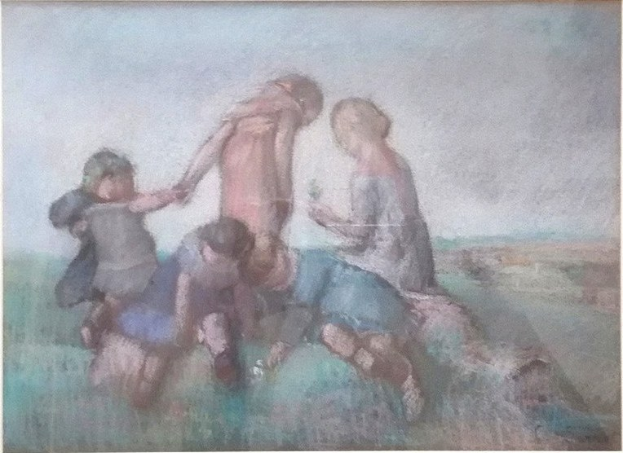 Malerei auf einer Tafel, die Kinder beim Spielen mit einem Ball in einem hellen, fröhlichen Feld mit spielerischen, dynamischen Posen zeigt.