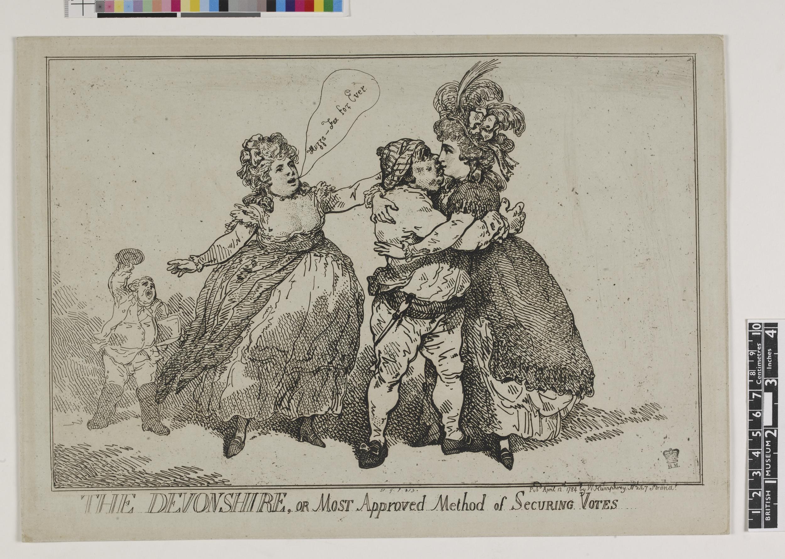 Papier mit einer handgezeichneten Skizze von drei Menschen - zwei Frauen und einem Mann - begleitet von Text, der "The Devonshire, or Most Approved Method of Securing Votes" und Farboptionen oben lautet.