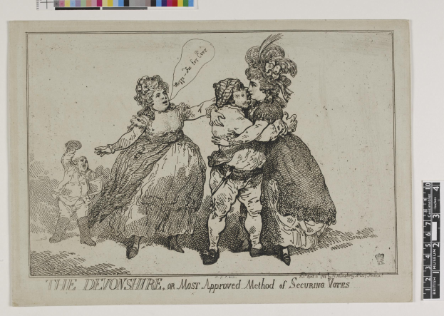 Papier mit einer handgezeichneten Skizze von drei Menschen - zwei Frauen und einem Mann - begleitet von Text, der "The Devonshire, or Most Approved Method of Securing Votes" und Farboptionen oben lautet.