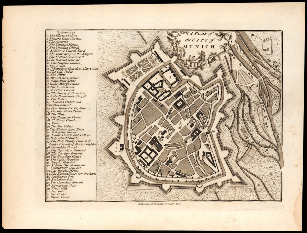 Detailiertes altes Stadtplan von München, Deutschland, mit Straßen, Gebäuden und Sehenswürdigkeiten auf schwarzem Hintergrund, einschließlich Textbeschriftungen für Orte.