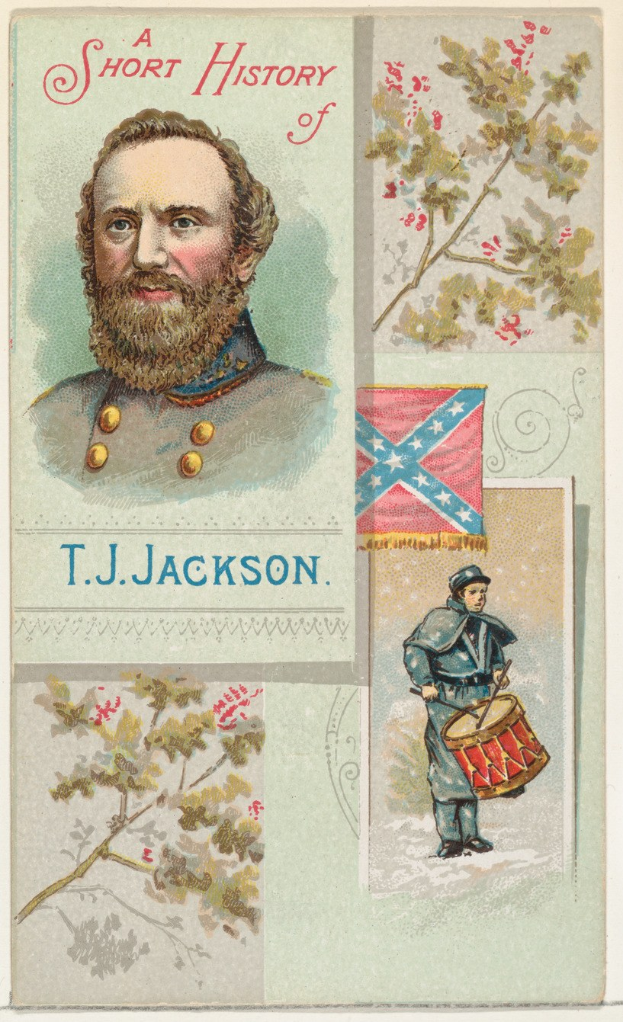Plakat des konföderierten Generals T.J. Jackson mit seinem Porträt umgeben von Bildern von Bäumen, einer Flagge und Text.