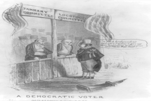 Ein Mann im Anzug steht selbstbewusst vor einer Tür mit der Aufschrift "Ein demokratischer Wähler" und sieht entschlossen aus.