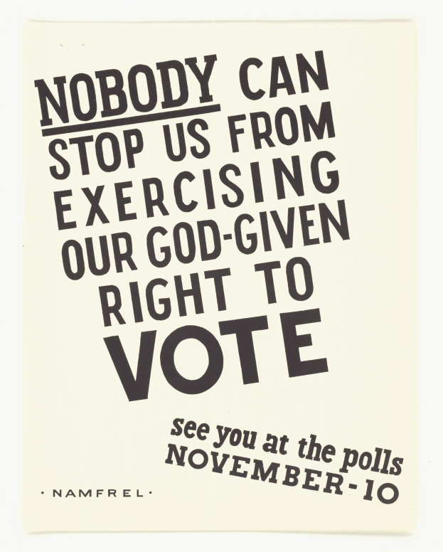Plakat mit fettem schwarzem Text auf einem weißen Hintergrund, der besagt "Niemand kann uns daran hindern, unser göttliches Recht auf Wahl auszuüben" eingerahmt von einem dünnen schwarzen Rand.