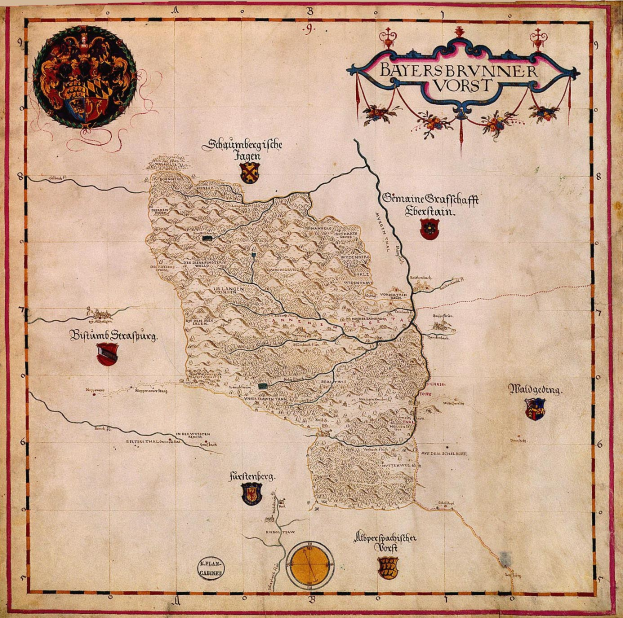 Eine 15. Jahrhundert-Karte von Bayern mit Flüssen, Bergen und Städten, begleitet von beschreibendem Text und Logos.