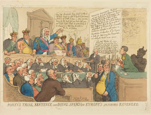 Cartoon-Illustration einer Gerichtsszene mit einem zentralen stehenden Mann, einer sitzenden Gruppe, einem Tisch mit Gegenständen rechts und dem Text "Boney's Trial, Sentence, and Dying Speech Europe's Injuries Revenged" unten.