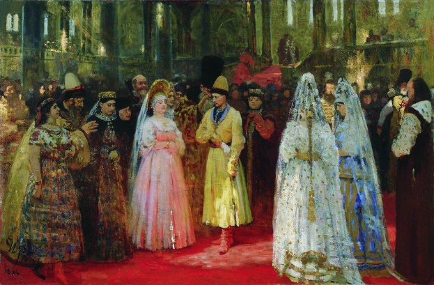 Gemälde einer Gruppe von Menschen in traditioneller russischer Hochzeitskleidung, die auf einem roten Teppich stehen, mit einem Gebäude im Hintergrund, das Brautpaar in der Mitte.